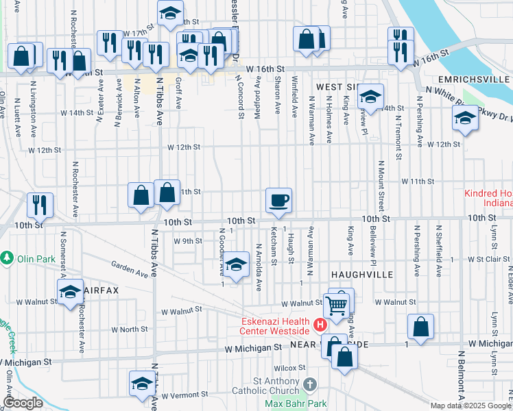 map of restaurants, bars, coffee shops, grocery stores, and more near 1022 Medford Avenue in Indianapolis