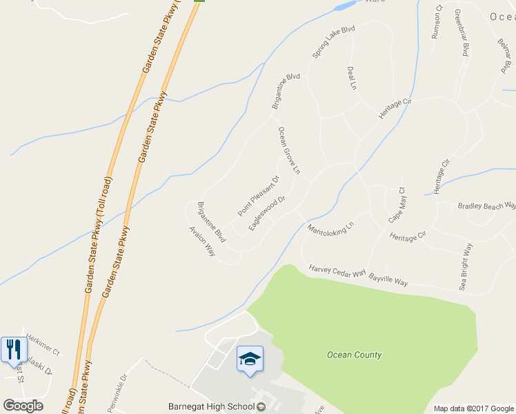 map of restaurants, bars, coffee shops, grocery stores, and more near 32 Eagleswood Drive in Ocean Township