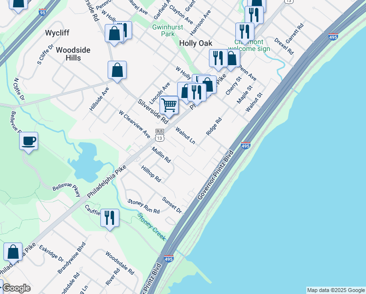 map of restaurants, bars, coffee shops, grocery stores, and more near 1314 Philadelphia Pike in Wilmington