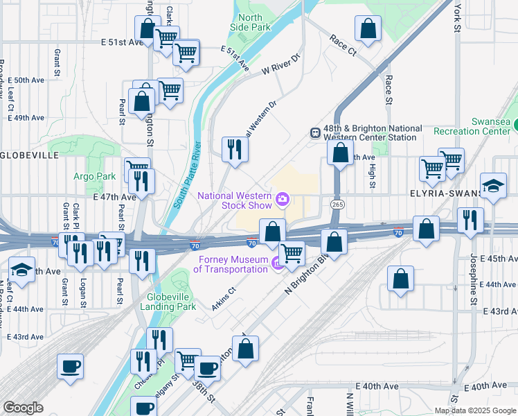 map of restaurants, bars, coffee shops, grocery stores, and more near 4655 Humboldt Street in Denver