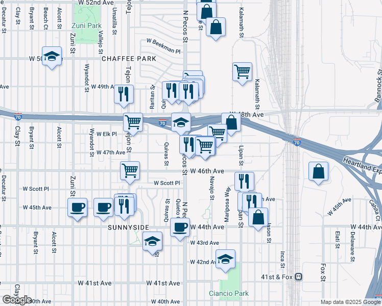 map of restaurants, bars, coffee shops, grocery stores, and more near 4680 North Pecos Street in Denver