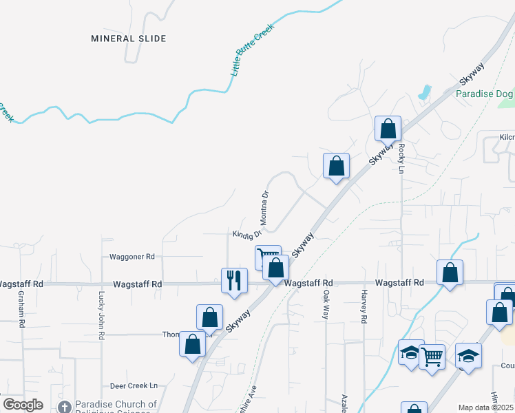 map of restaurants, bars, coffee shops, grocery stores, and more near 8404 Montna Drive in Paradise