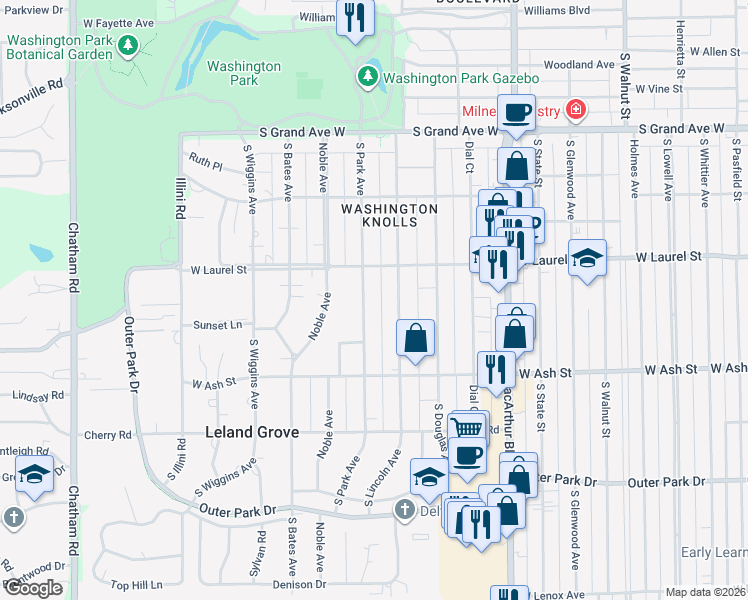 map of restaurants, bars, coffee shops, grocery stores, and more near 1736 South Park Avenue in Leland Grove