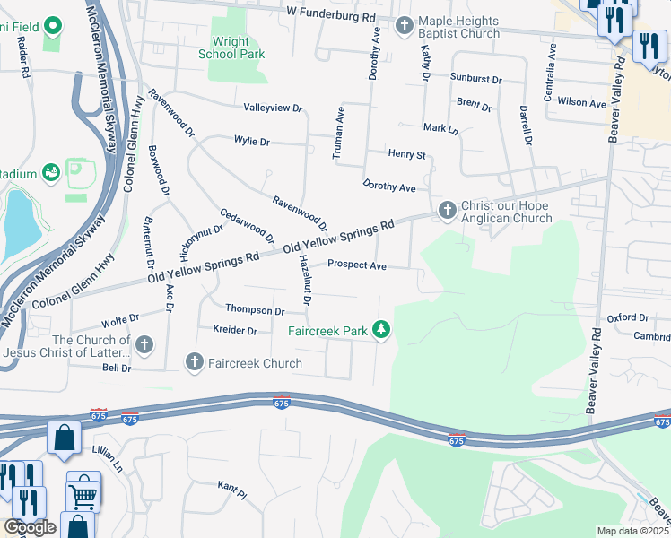 map of restaurants, bars, coffee shops, grocery stores, and more near 2827 Prospect Avenue in Fairborn