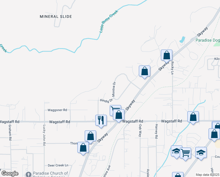 map of restaurants, bars, coffee shops, grocery stores, and more near 8404 Montna Drive in Paradise