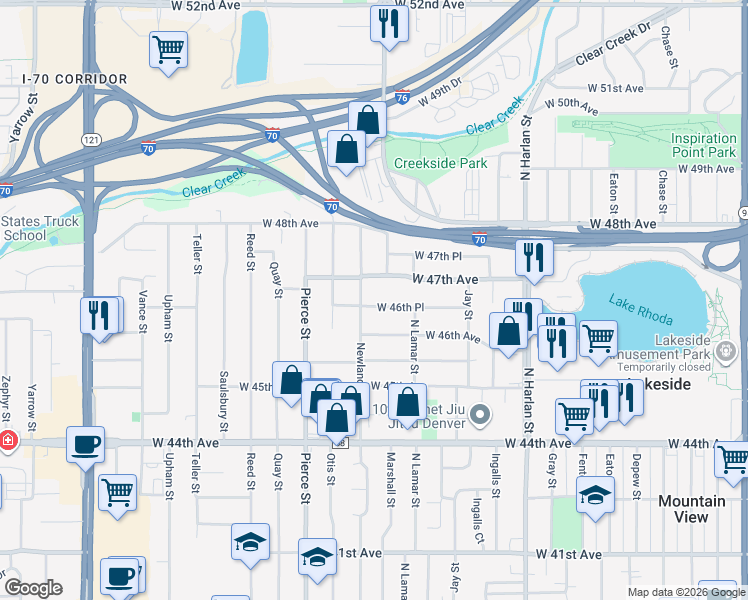 map of restaurants, bars, coffee shops, grocery stores, and more near 6575 West 46th Place in Wheat Ridge
