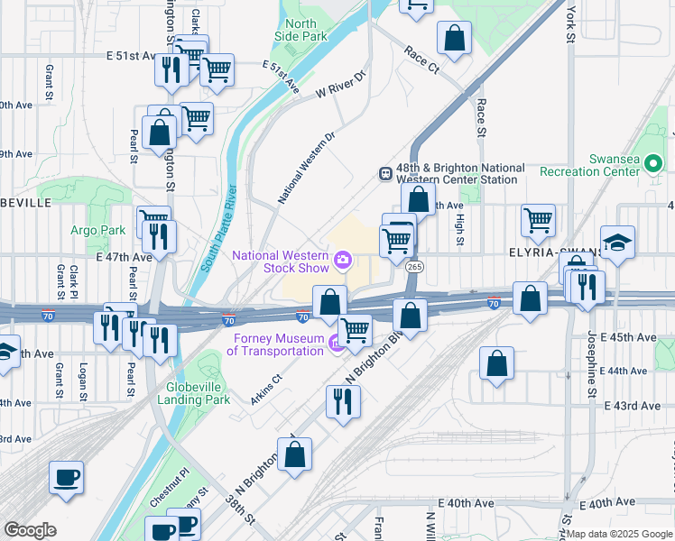 map of restaurants, bars, coffee shops, grocery stores, and more near 4655 Humboldt Street in Denver