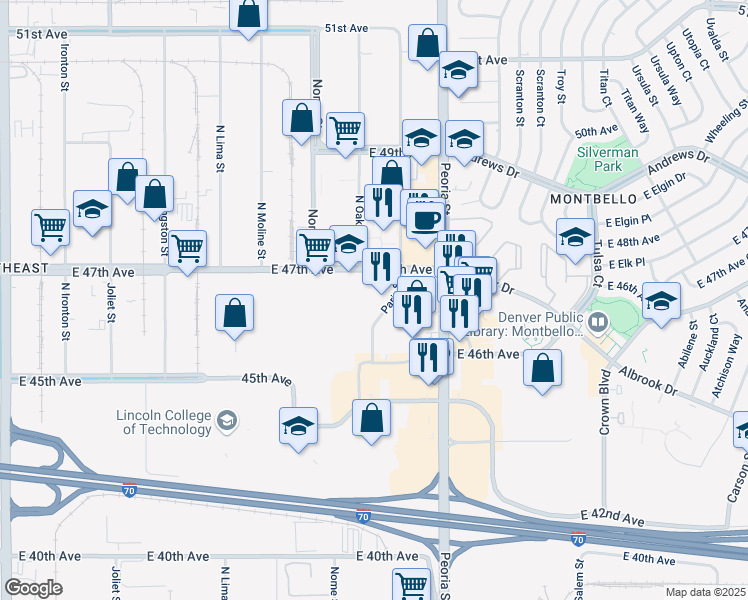 map of restaurants, bars, coffee shops, grocery stores, and more near 4665A Paris Street in Denver