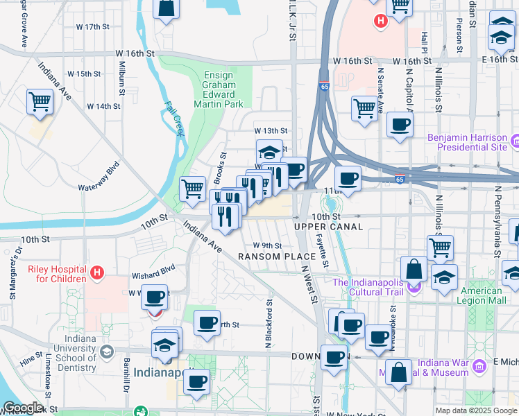 map of restaurants, bars, coffee shops, grocery stores, and more near 645 West 11th Street in Indianapolis
