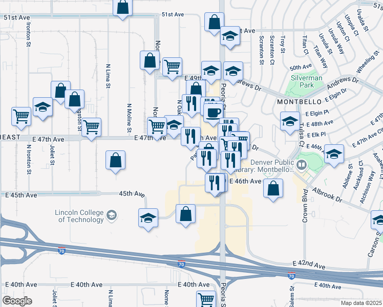 map of restaurants, bars, coffee shops, grocery stores, and more near 4665A Paris Street in Denver