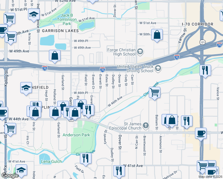 map of restaurants, bars, coffee shops, grocery stores, and more near 4693 Dudley Street in Wheat Ridge