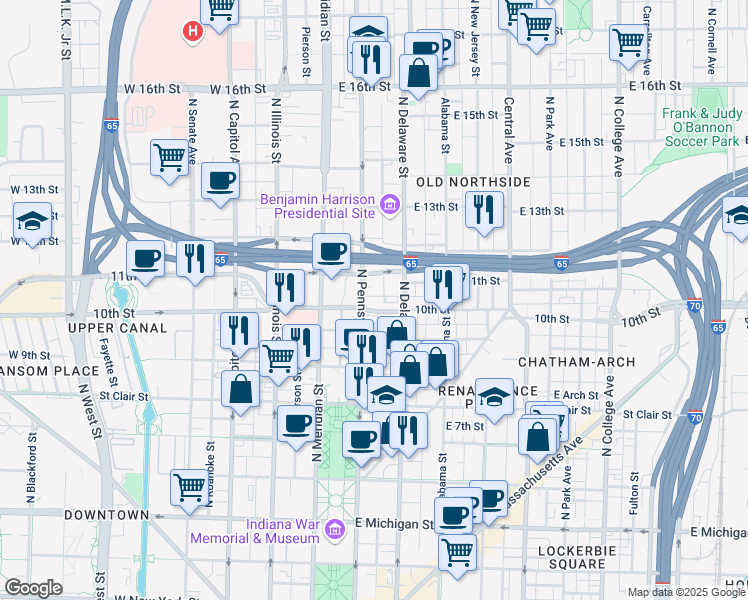 map of restaurants, bars, coffee shops, grocery stores, and more near 1011 North Pennsylvania Street in Indianapolis