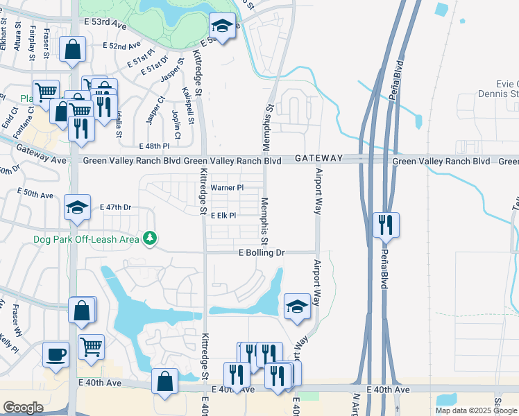 map of restaurants, bars, coffee shops, grocery stores, and more near 16198 East Elk Drive in Denver