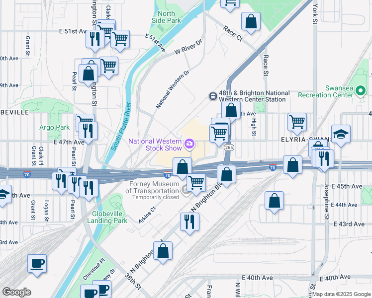 map of restaurants, bars, coffee shops, grocery stores, and more near 4655 Humboldt Street in Denver