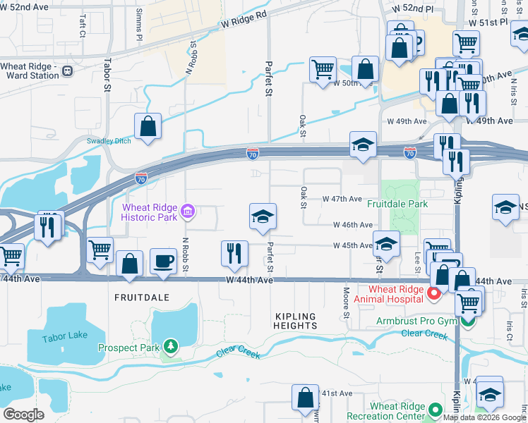 map of restaurants, bars, coffee shops, grocery stores, and more near 4615 Parfet Street in Wheat Ridge