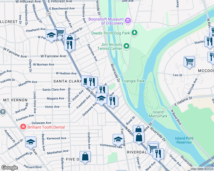 map of restaurants, bars, coffee shops, grocery stores, and more near 101 Ridge Avenue in Dayton