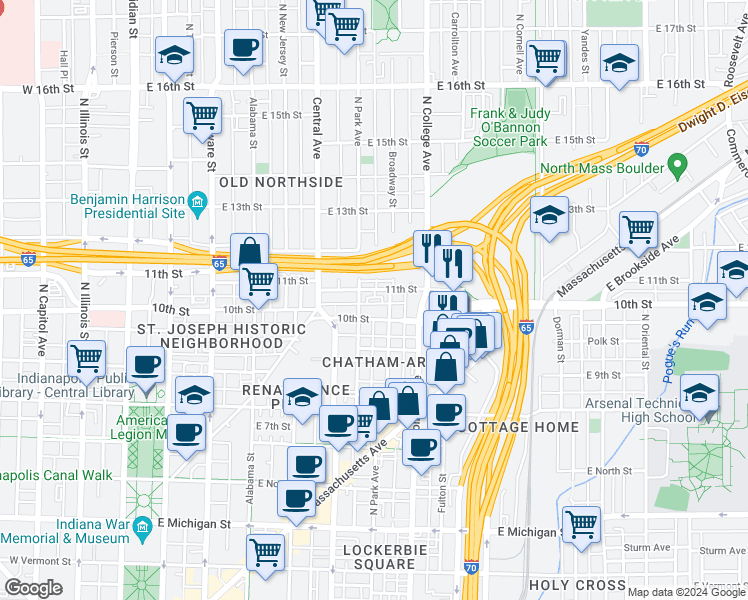 map of restaurants, bars, coffee shops, grocery stores, and more near 1036 Broadway Street in Indianapolis