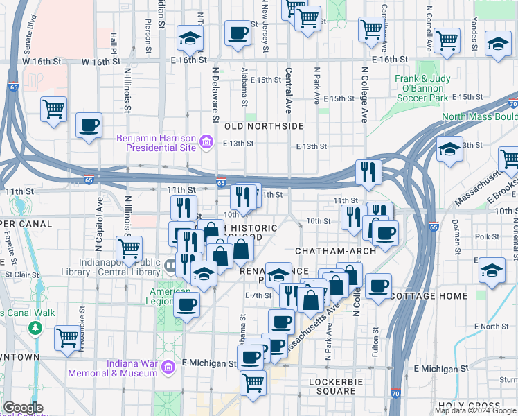 map of restaurants, bars, coffee shops, grocery stores, and more near 1018 North New Jersey Street in Indianapolis