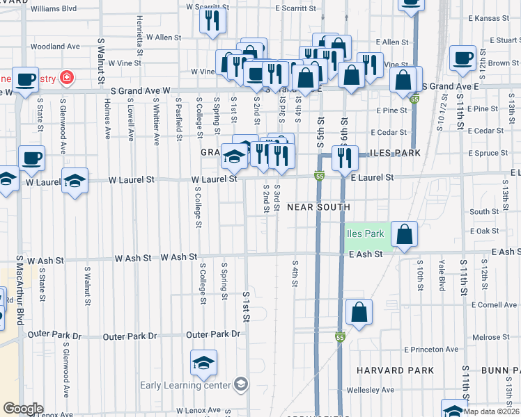 map of restaurants, bars, coffee shops, grocery stores, and more near 1809 South 2nd Street in Springfield