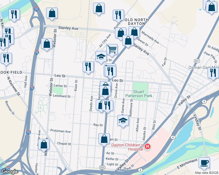 map of restaurants, bars, coffee shops, grocery stores, and more near 904 Ohio 202 in Dayton