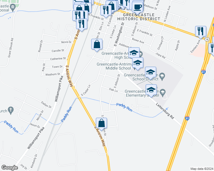 map of restaurants, bars, coffee shops, grocery stores, and more near 544 South Carlisle Street in Greencastle