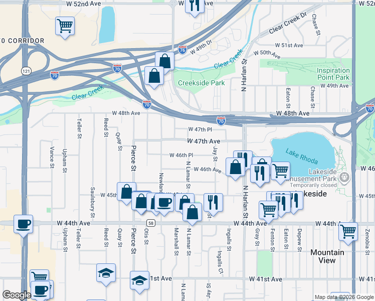 map of restaurants, bars, coffee shops, grocery stores, and more near 6405 West 46th Place in Wheat Ridge