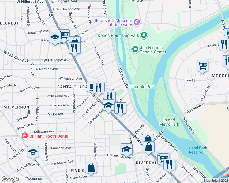 map of restaurants, bars, coffee shops, grocery stores, and more near 101 Ridge Avenue in Dayton