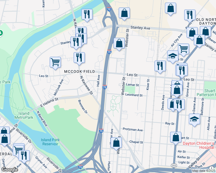 map of restaurants, bars, coffee shops, grocery stores, and more near 620 Hillrose Avenue in Dayton
