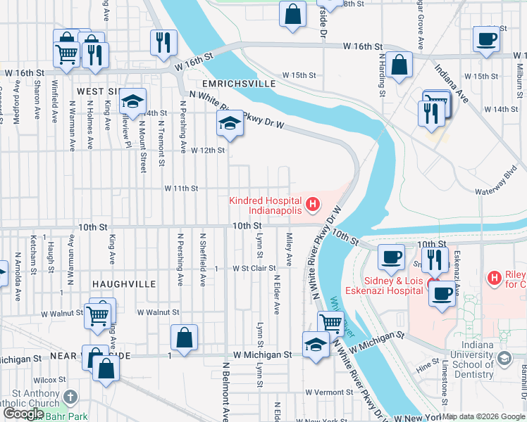map of restaurants, bars, coffee shops, grocery stores, and more near 1026 North Elder Avenue in Indianapolis