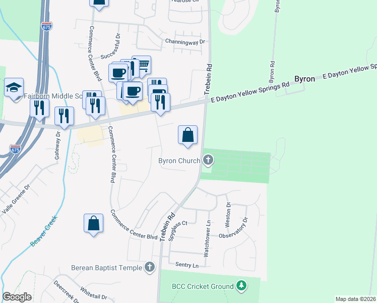 map of restaurants, bars, coffee shops, grocery stores, and more near 1340 East Dayton-Yellow Springs Road in Fairborn