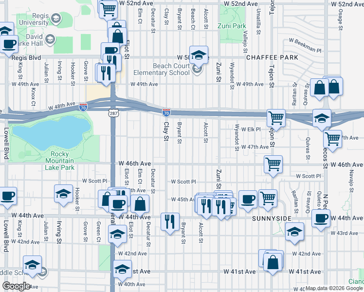 map of restaurants, bars, coffee shops, grocery stores, and more near 4673 Bryant Street in Denver