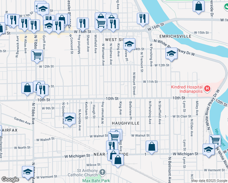 map of restaurants, bars, coffee shops, grocery stores, and more near 1025 North Holmes Avenue in Indianapolis