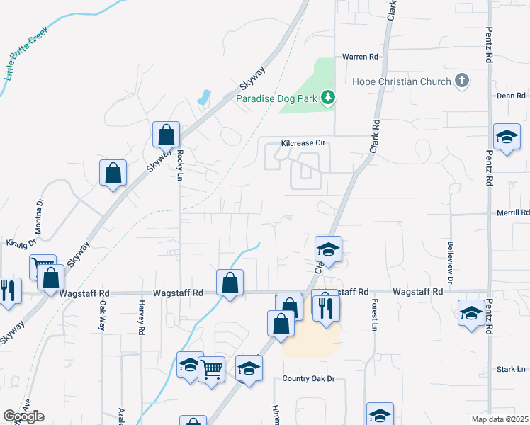 map of restaurants, bars, coffee shops, grocery stores, and more near 6510 Hummingbird Lane in Paradise