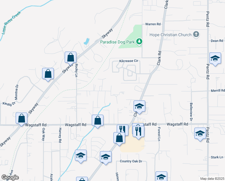 map of restaurants, bars, coffee shops, grocery stores, and more near 6510 Hummingbird Lane in Paradise