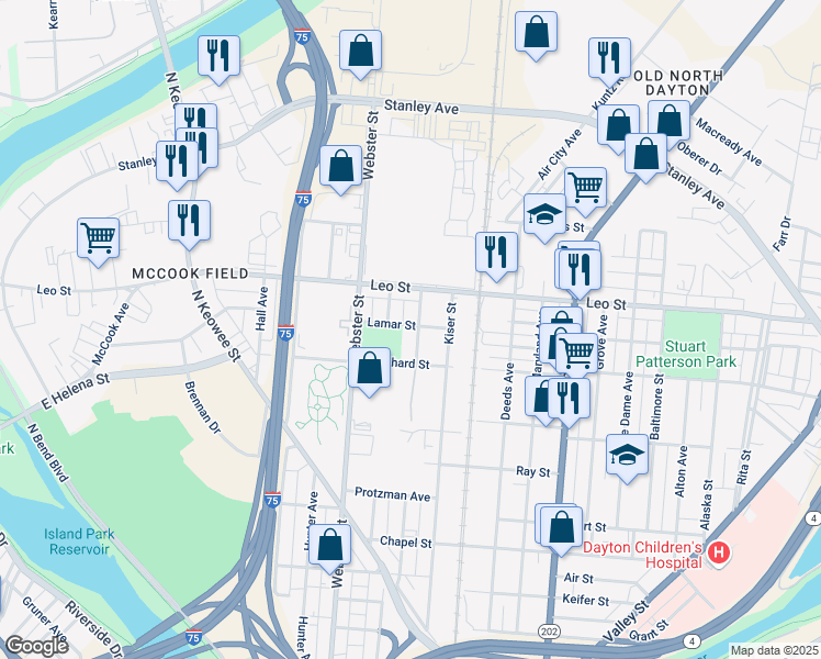 map of restaurants, bars, coffee shops, grocery stores, and more near 1441 Milburn Avenue in Dayton