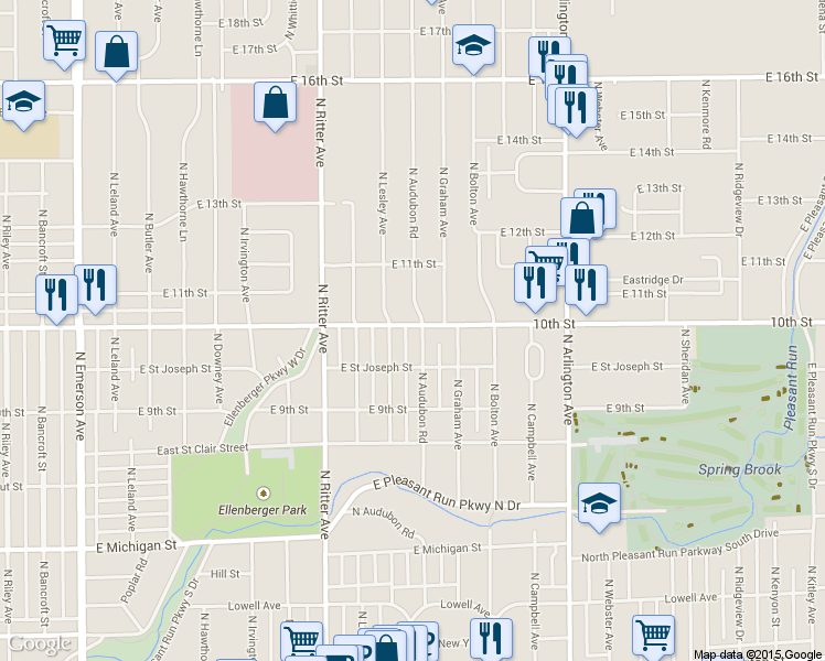 map of restaurants, bars, coffee shops, grocery stores, and more near 986 N Audubon Rd in Indianapolis