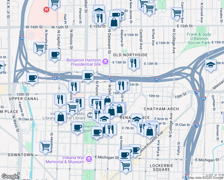 map of restaurants, bars, coffee shops, grocery stores, and more near 1015 North Delaware Street in Indianapolis