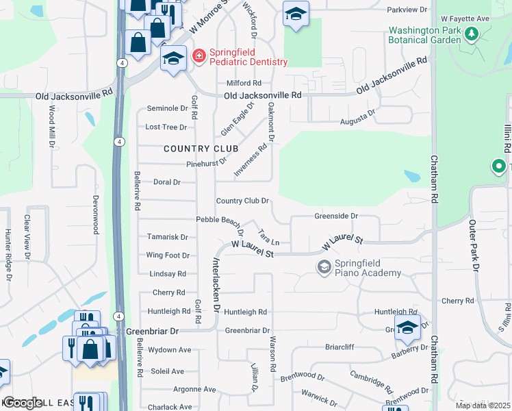 map of restaurants, bars, coffee shops, grocery stores, and more near 2512 Country Club Dr in Springfield