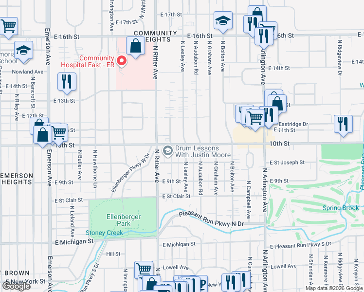 map of restaurants, bars, coffee shops, grocery stores, and more near 982 North Lesley Avenue in Indianapolis