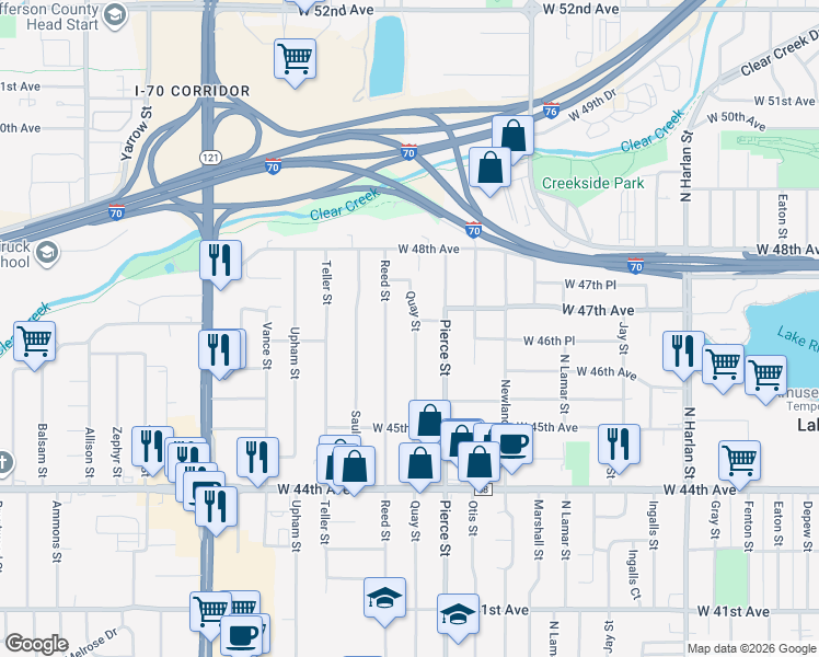 map of restaurants, bars, coffee shops, grocery stores, and more near 4655 Quay Street in Wheat Ridge
