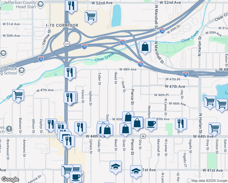 map of restaurants, bars, coffee shops, grocery stores, and more near 4665 Reed Street in Wheat Ridge
