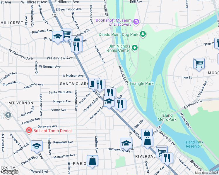 map of restaurants, bars, coffee shops, grocery stores, and more near 101 Ridge Avenue in Dayton