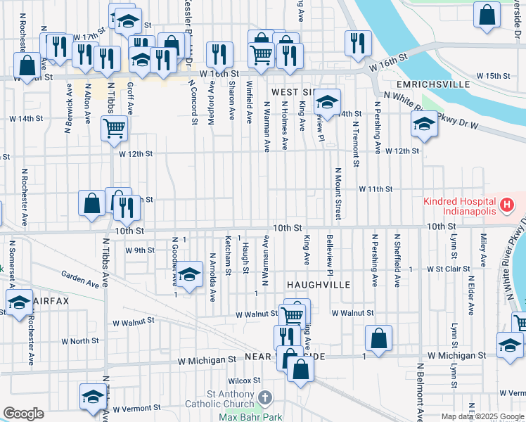 map of restaurants, bars, coffee shops, grocery stores, and more near 1026 North Warman Avenue in Indianapolis