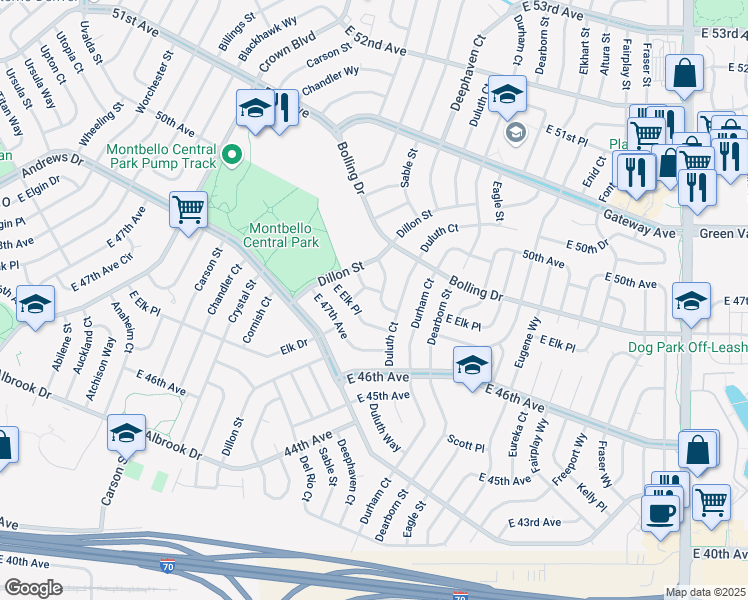 map of restaurants, bars, coffee shops, grocery stores, and more near 14444 East 48th Avenue in Denver