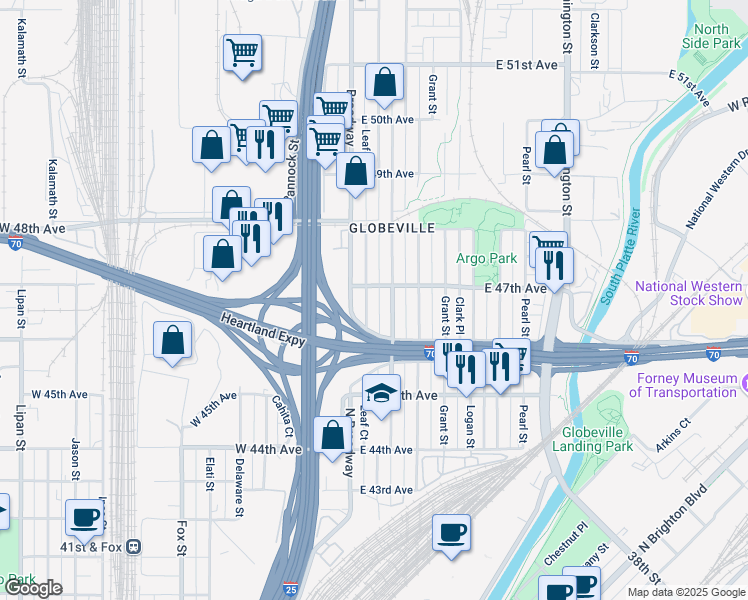 map of restaurants, bars, coffee shops, grocery stores, and more near 4672 Leaf Court in Denver