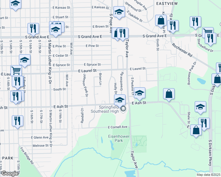 map of restaurants, bars, coffee shops, grocery stores, and more near 1904 South Pope Avenue in Springfield