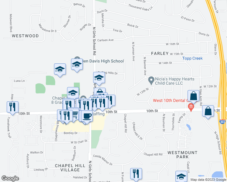 map of restaurants, bars, coffee shops, grocery stores, and more near 1136 Topp Creek Drive in Indianapolis