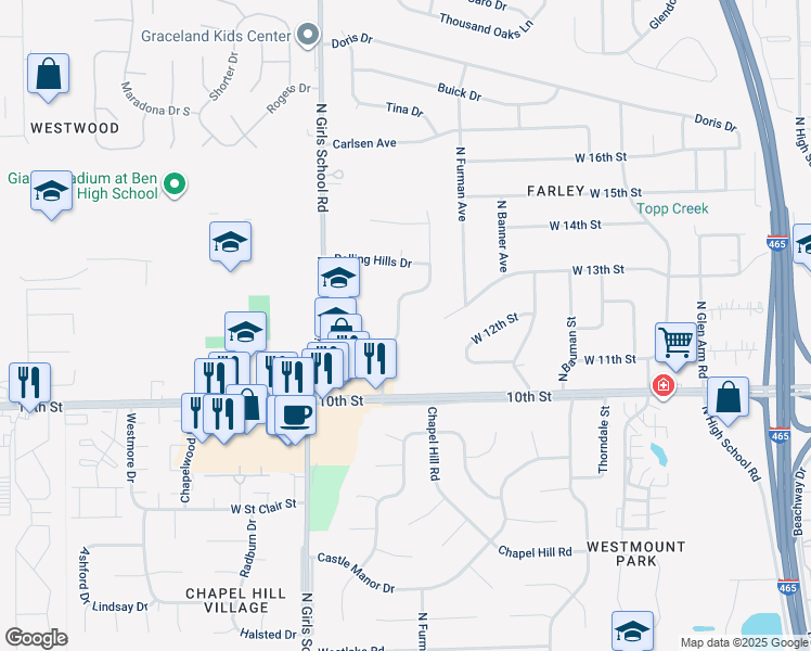 map of restaurants, bars, coffee shops, grocery stores, and more near 1136 Topp Creek Drive in Indianapolis