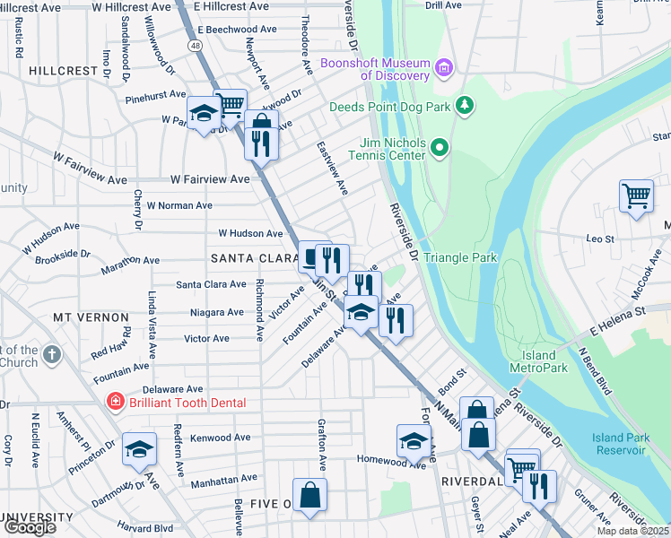 map of restaurants, bars, coffee shops, grocery stores, and more near 116 Indianola Avenue in Dayton