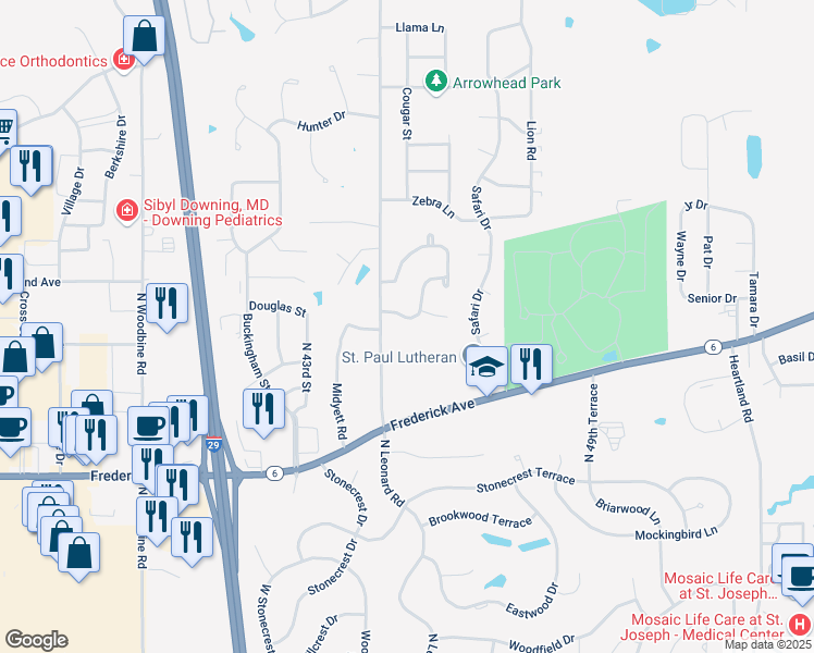map of restaurants, bars, coffee shops, grocery stores, and more near 4506 South Heatherwood Drive in Saint Joseph